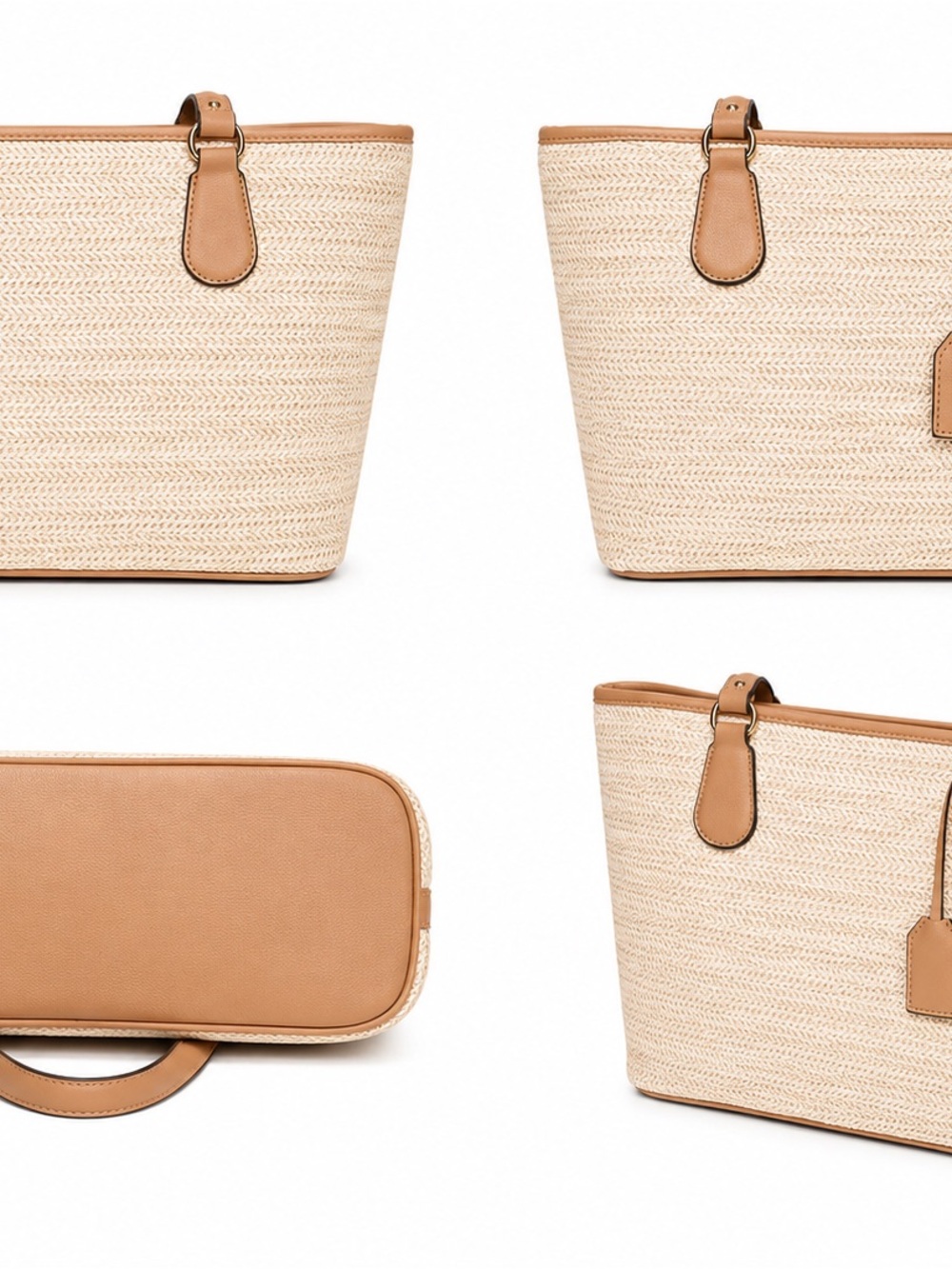Neutral Woven Tote with Tan Leather Trim